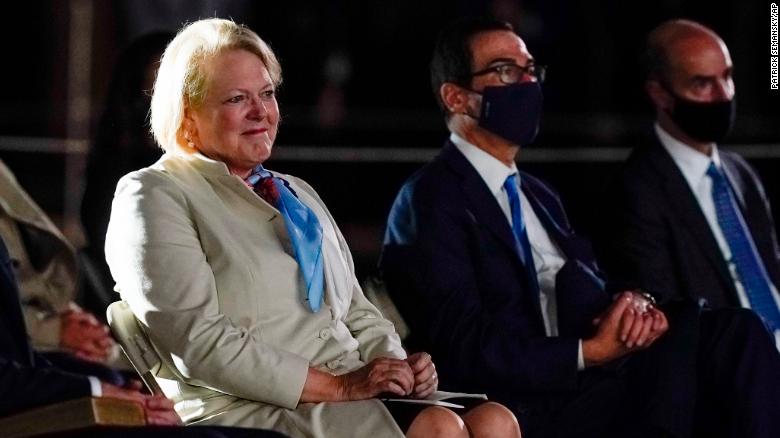 Virginia "Ginni" Thomas, wife of Supreme Court Justice Clarence Thomas, arrives to watch Amy Coney Barrett take the Constitutional Oath on the South Lawn of the White House in Washington, October 26, 2020. 